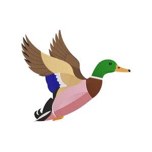 May include: An embroidered design of a duck in flight. The duck has a green head, brown and tan wings, a pink and brown body, and a blue patch. The design is set against a white background.