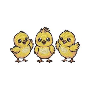 Puede incluir: Tres pollitos amarillos bordados con patas y picos naranjas. Cada pollito tiene ojos grandes y expresivos y está saludando. El diseño es probablemente para un proyecto de manualidades con temática de Pascua o primavera.