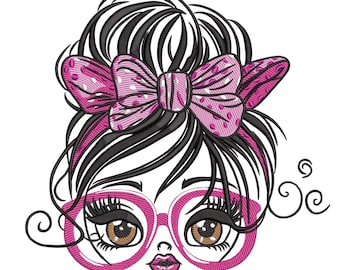 Girl with Glasses Embroidery Design, Trendy Girl Embroidery File, Glasses Machine Embroidery File, Cute Girl Character Machine Embroidery