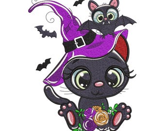 Häxkatt med fladdermusbroderidesign, kuslig Halloween-maskinbroderifil, omedelbar nedladdning