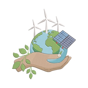 Op de afbeelding: Een geborduurde patch met een beige hand die een blauwe en groene wereldbol vasthoudt. Drie witte windturbines staan op de wereldbol, naast een blauw zonnepaneel. Een groene bladrank wikkelt zich om de pols in een textuursteek.