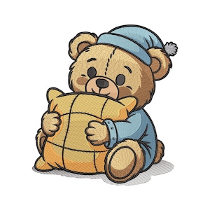May include: A cartoon teddy bear illustration. The bear is light brown with a blue nightcap and pajamas. It is hugging a yellow pillow with a stitched design. The image has a soft, embroidered texture, suggesting a children's product.