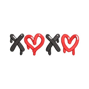 May include: Graphic illustration of the letters XOXO, with the X's in black and the O's represented by red hearts. The design has a dripping effect, with the paint-like elements against a white background.