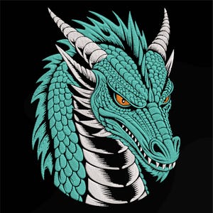 May include: Detailed teal dragon head illustration with orange eyes, white horns, and sharp teeth against a black background. The dragon's scales and features are intricately designed, creating a striking fantasy art piece.