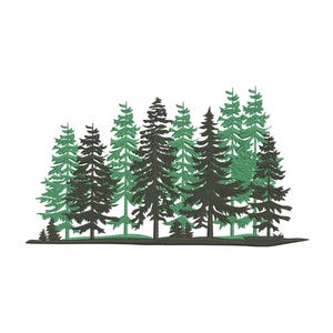 Könnte beinhalten: Ein gesticktes Design mit einem Wald aus immergrünen Bäumen in verschiedenen Grün- und Dunkelgrautönen. Die Bäume sind dicht gepackt und erzeugen eine strukturierte, natürliche Szene. Das Design ist vor einem weißen Hintergrund angeordnet.