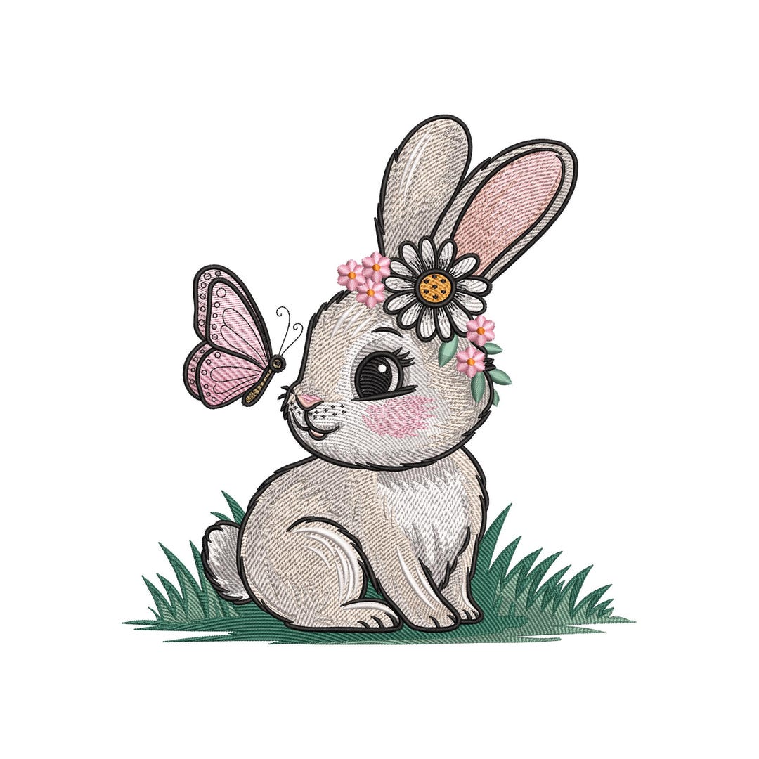 Bunny With Butterfly Embroidery Design, Floral Rabbit Machine ...