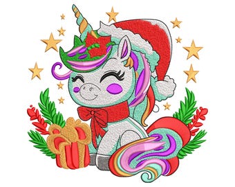 May include: A whimsical embroidered design of a smiling unicorn wearing a Santa hat and a red scarf, holding a wrapped gift. The unicorn has a colorful mane and tail, surrounded by gold stars and festive greenery, perfect for holiday crafts.