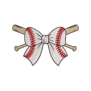 May include: A baseball-themed design featuring a bow made to look like a baseball, with red stitching and a white background. Two crossed baseball bats are behind the bow, with a light brown color.