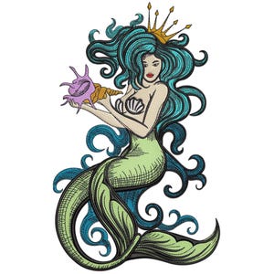 May include: An embroidered design of a mermaid with flowing teal hair, a gold crown, and a green tail. She holds a seashell in her hands. The mermaid is surrounded by teal and green swirls, all on a white background.