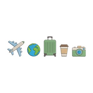 May include: Embroidered travel-themed icons on a white background. Includes a blue and white airplane, a globe with blue oceans and green continents, a green suitcase, a coffee cup, and a green camera.