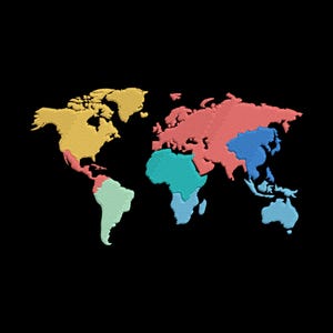 Puede incluir: Ilustración de un mapa del mundo colorido sobre un fondo negro. Los continentes están representados en amarillo, rojo, azul, verde y turquesa, con un aspecto texturizado y cosido. El mapa es una representación gráfica de los continentes de la Tierra.