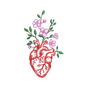 May include: A red anatomical heart design with detailed veins and arteries, embroidered with a floral arrangement. The flowers are pink with green leaves, creating a contrast against the heart. The design is on a white background.