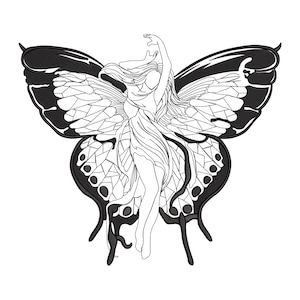 May include: A black and white illustration of a woman integrated into a butterfly design. The butterfly wings have a detailed pattern and are outlined in black. The woman has long flowing hair and a dress.