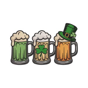 May include: Three beer mugs with frothy foam, each in a different color: green, yellow with a shamrock, and orange. A green leprechaun hat with a shamrock sits atop the orange mug. The mugs have dark gray handles and outlines.