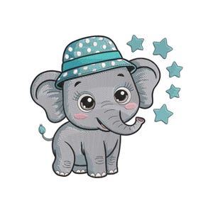May include: An embroidered design of a cartoon elephant wearing a blue and white polka dot hat. The elephant is grey with pink cheeks and large eyes. Several blue stars are arranged around the elephant.