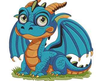Blue Baby Dragon Embroidery Design: Wings, Fantasy Machine Embroidery Digital File (Instant Download)