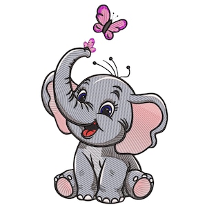 May include: A cartoon illustration of a grey elephant with pink ears and feet, smiling and reaching up with its trunk towards two pink butterflies. The elephant has blue eyes and is sitting down.