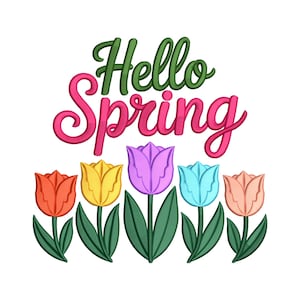 May include: A colorful illustration with the words "Hello Spring" in green and pink script above five tulips. The tulips are in shades of orange, yellow, purple, blue, and peach, with green stems and leaves, all set against a white background.