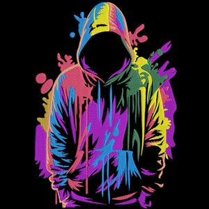 May include: A colorful hoodie design with a black background. The hoodie is depicted in vibrant hues of pink, purple, blue, yellow, and green, with a faceless hood. The design features a splash art style.
