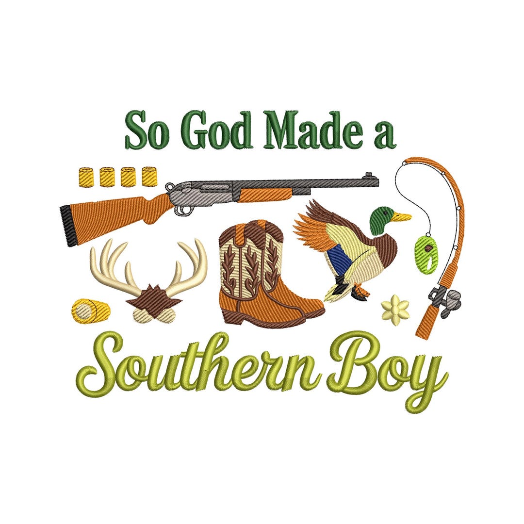 Southern Boy Hunting Embroidery Design, Western Boots Deer Fishing ...
