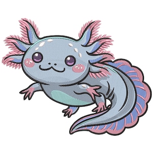 May include: Embroidered axolotl design in blue, pink, and teal. The cartoon axolotl has a smiling face, pink cheeks, and detailed gills. The design features a textured appearance, giving it a stitched look.