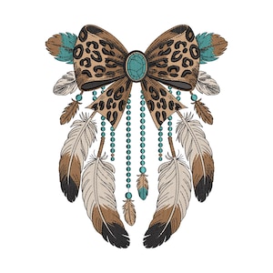 May include: A decorative bow featuring a leopard print design, turquoise details, and hanging feathers. The bow is brown with black spots and a turquoise oval centre. The feathers are white, brown, and black.