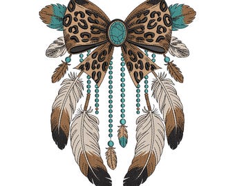 Boho Feather Bow Embroidery Design, Leopard Print Ribbon with Feathers Machine Embroidery File, Instant Download