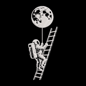 Op de afbeelding: Een witte illustratie op een zwarte achtergrond toont een astronaut die een ladder beklimt naar een gedetailleerde maan. De astronaut houdt de maan vast met een touwtje. De afbeelding is een gedetailleerde lijntekening.
