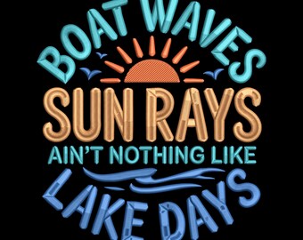 Summer Lake Quote Machine Embroidery Design, Boat Waves and Sunrise Embroidery Pattern File, Digital Download