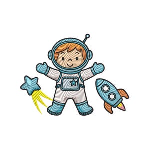 May include: An embroidered patch featuring a cartoon astronaut with arms outstretched, a shooting star, and a rocket ship. The astronaut is wearing a white spacesuit with blue accents and a helmet. The star and rocket have blue and orange details.