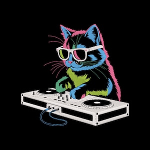 May include: A black cat wearing white sunglasses and a colorful design, operating a DJ mixer. The cat's fur is outlined in pink, blue, and green. The DJ mixer is white with black turntables and buttons, set against a black background.