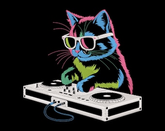 Kat met borduurontwerp draaischijf, neon DJ Kitty machineborduurbestand, direct downloaden