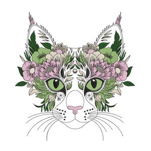 Floral Boho Cat Face Embroidery Design, Kitten Flowers Pattern Machine Embroidery File, Instant Download