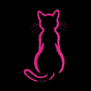 May include: A pink cat silhouette on a black background. The cat is sitting upright, with its tail curled and whiskers extending from its face. The outline of the cat is made up of pink, textured lines.