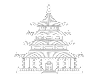 Traditional Asian Pagoda Temple Embroidery Design, Chinese Architecture Machine Embroidery File, Instant Download