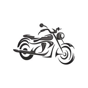 Op de afbeelding: Zwart-grijze motorfietsillustratie met een tribaal ontwerp. De motorfiets heeft een gedetailleerde motor, stuur en wielen. Het ontwerp is een gestileerde weergave van een klassieke motorfiets.
