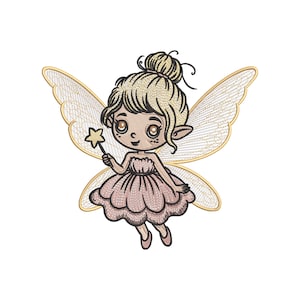 May include: A cartoon fairy with blonde hair in a bun, large eyes, and pointed ears. She wears a pink dress and holds a star-shaped wand. Her wings are gold-edged and detailed. The image is a digital illustration.