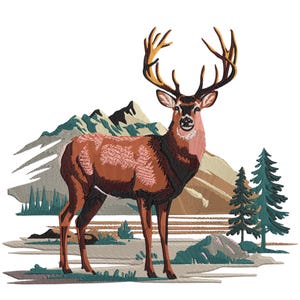 Puede incluir: Imagen bordada de un majestuoso ciervo con grandes cuernos, sobre un fondo de montañas y árboles de hoja perenne. El ciervo está representado en tonos marrones y rosas, con un diseño detallado. Las montañas son en tonos verdes y beige.