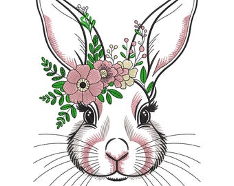Floral Bunny Embroidery Design: Rabbit with Flower Crown Machine Embroidery Digital File, Instant Download