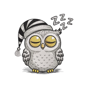 Może przedstawiać: Kreskówkowa ilustracja śpiącej sowy w pasiastym kapeluszu do spania. Sowa ma zamknięte żółte oczy i jest otoczona symbolami "Zzz", wskazującymi na sen. Sowa jest głównie szara i biała z żółtymi akcentami.