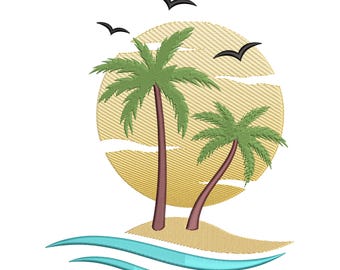 Tropical Palm Tree Beach Embroidery Design, Summer Island Machine Embroidery File, Instant Download