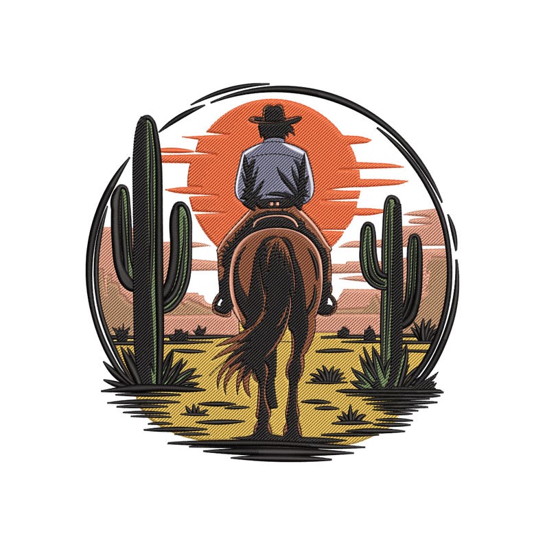 Cowboy Sunset Embroidery Design, Wild West Horseback Machine Embroidery ...