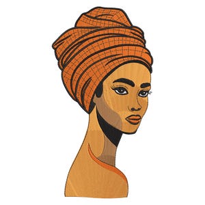 Pode incluir: Retrato bordado de uma mulher com pele castanha, usando um turbante laranja. A obra de arte apresenta costuras detalhadas, destacando os traços faciais da mulher e a textura da touca. O fundo é branco liso.
