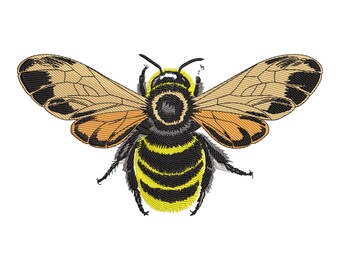 May include: Embroidered bee design with yellow and black stripes on the body, detailed wings with brown and black patterns, and black antennae. The bee is centered on a white background, showcasing the intricate stitching.