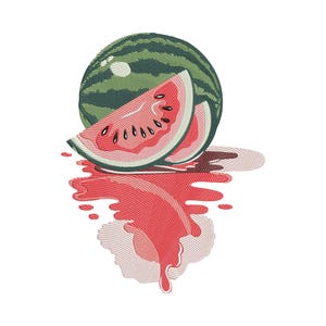 May include: An illustration of a watermelon with a green and dark green striped rind, and two slices. The slices are pink with black seeds, and the image includes a red juice spill.