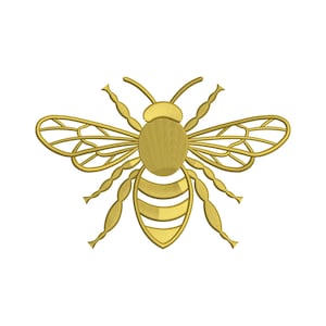 May include: A golden-yellow embroidered bee design, featuring detailed wings, body segments, and antennae. The bee is centered on a white background, showcasing the intricate stitching and the insect's form.
