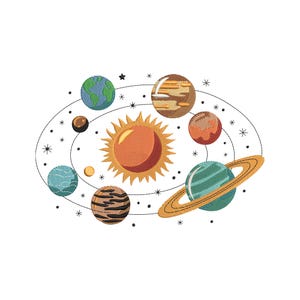 May include: An embroidered design of the solar system, featuring the sun at the center with planets orbiting around it. The planets are in various colors, including blue, brown, orange, and green, with Saturn having a yellow ring. Stars and orbital lines complete the design.
