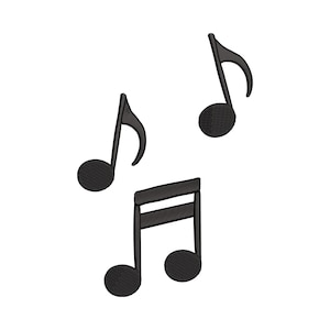 May include: Black musical notes in various orientations against a white background. The notes include eighth notes and a quarter note, all with textured, rounded note heads. The image is suitable for music-themed crafts or designs.