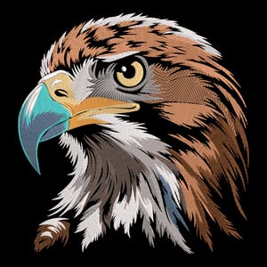 Op de afbeelding: Geborduurde adelaarskop met gedetailleerde veren in tinten bruin, wit en grijs, tegen een zwarte achtergrond. Het oog van de adelaar is geel en de snavel is een combinatie van blauw en geel.