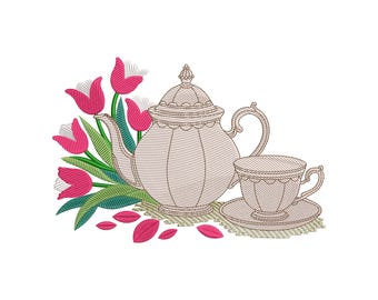 May include: An embroidered design featuring a teapot, teacup, and tulips. The teapot and teacup are beige with detailed stitching. Pink and white tulips with green leaves are on the left. Pink petals are scattered below.